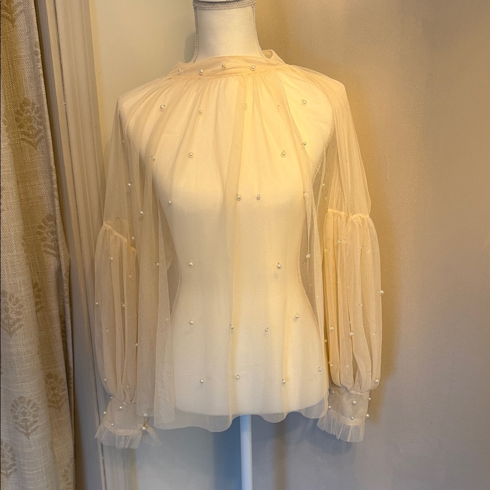 Ultra Pink Sheer Pearl-Embellished Blouse - Cream